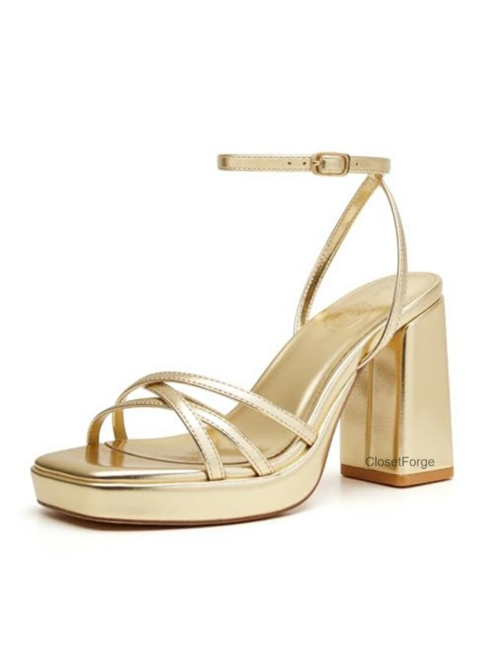 Square Toe Gold Strappy Platform Heels 3 inch Block Heels Ankle Strap Y2K Shoes